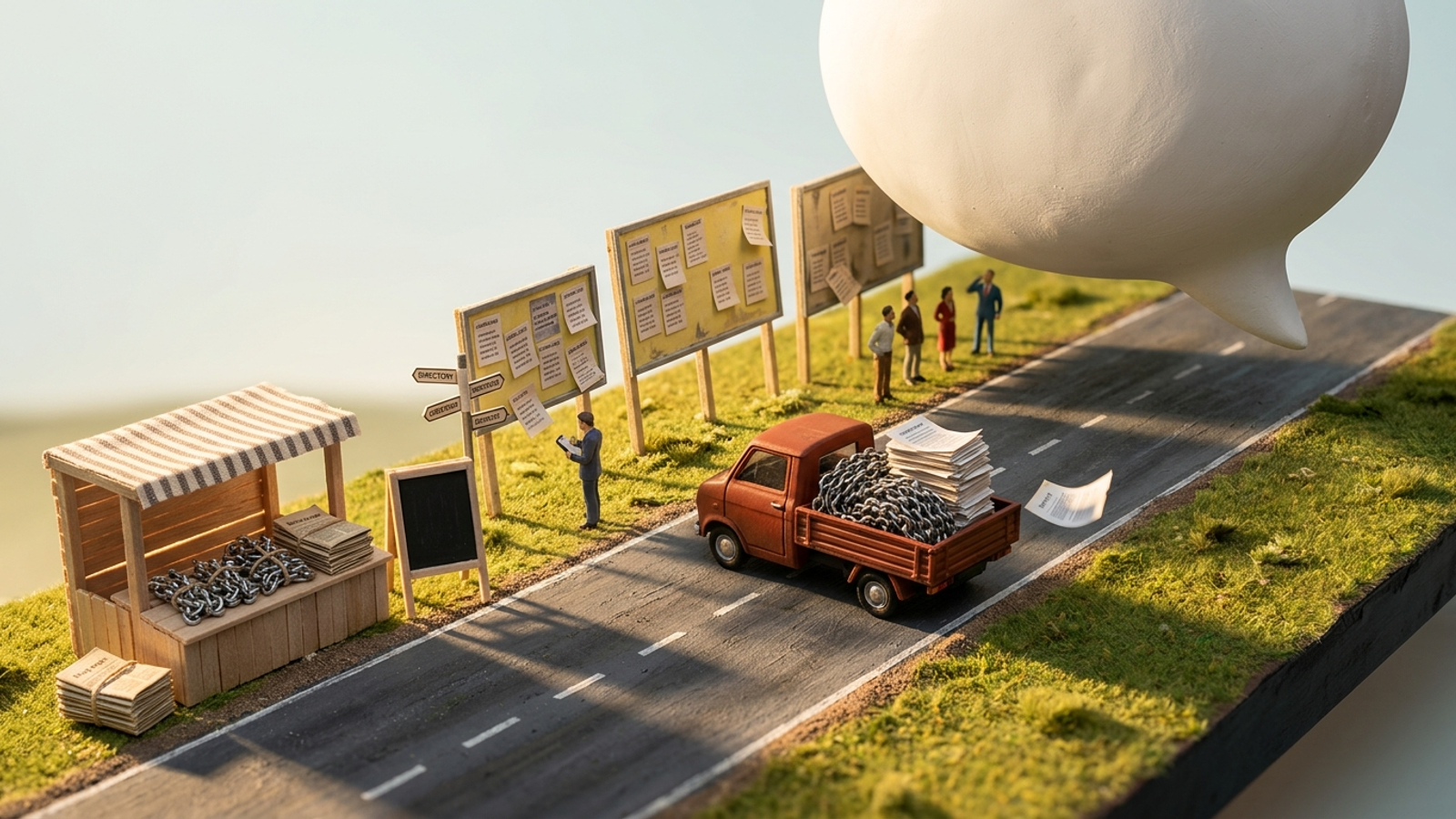 Model road where a tiny van loaded with chain links drives from an old roadside stand toward a giant speech bubble hovering over the road ahead