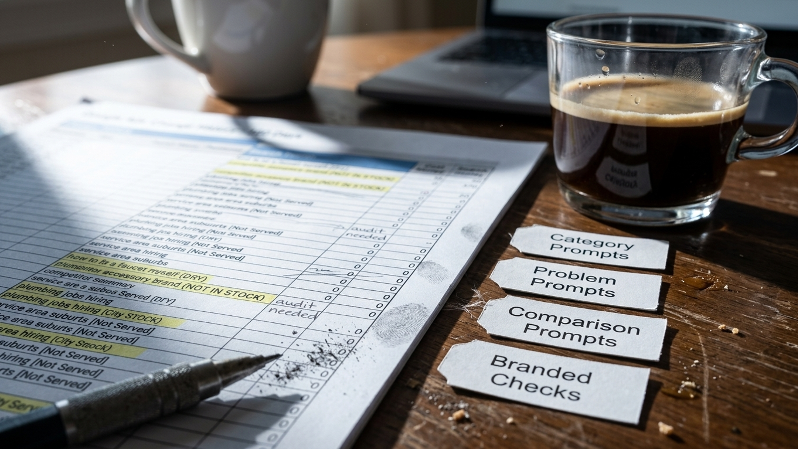 A printed prompt audit sheet with coloured tags marking buyer-question categories.