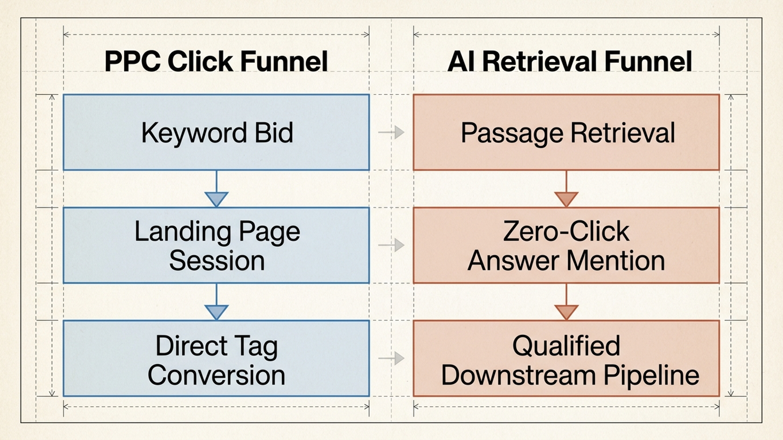 Chart contrasting PPC click attribution with mentions and citations in conversational search.