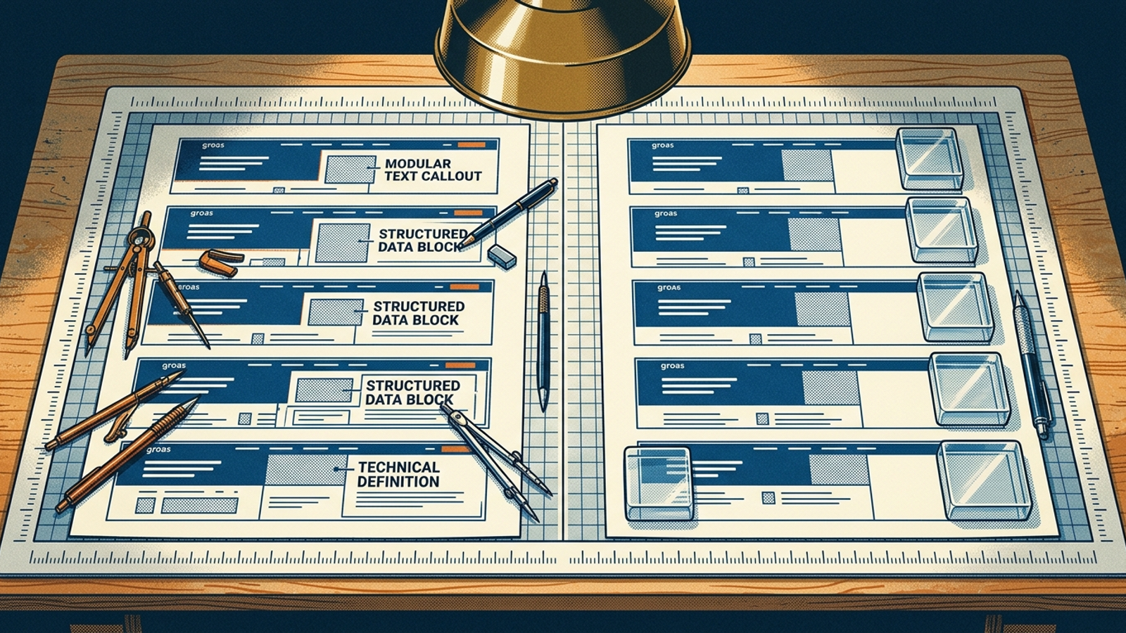 A drafting workbench with treated landing-page plans on the left and untouched control pages under glass weights on the right.