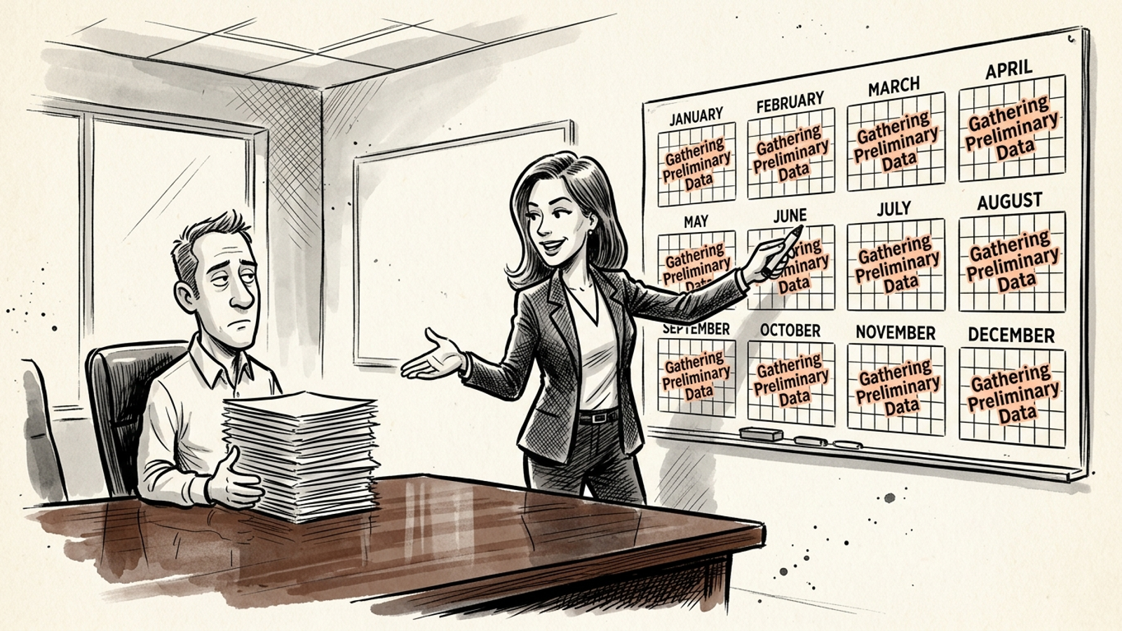 Pen-and-ink cartoon of an agency executive pointing to a 12-month calendar labeled as preliminary learning time