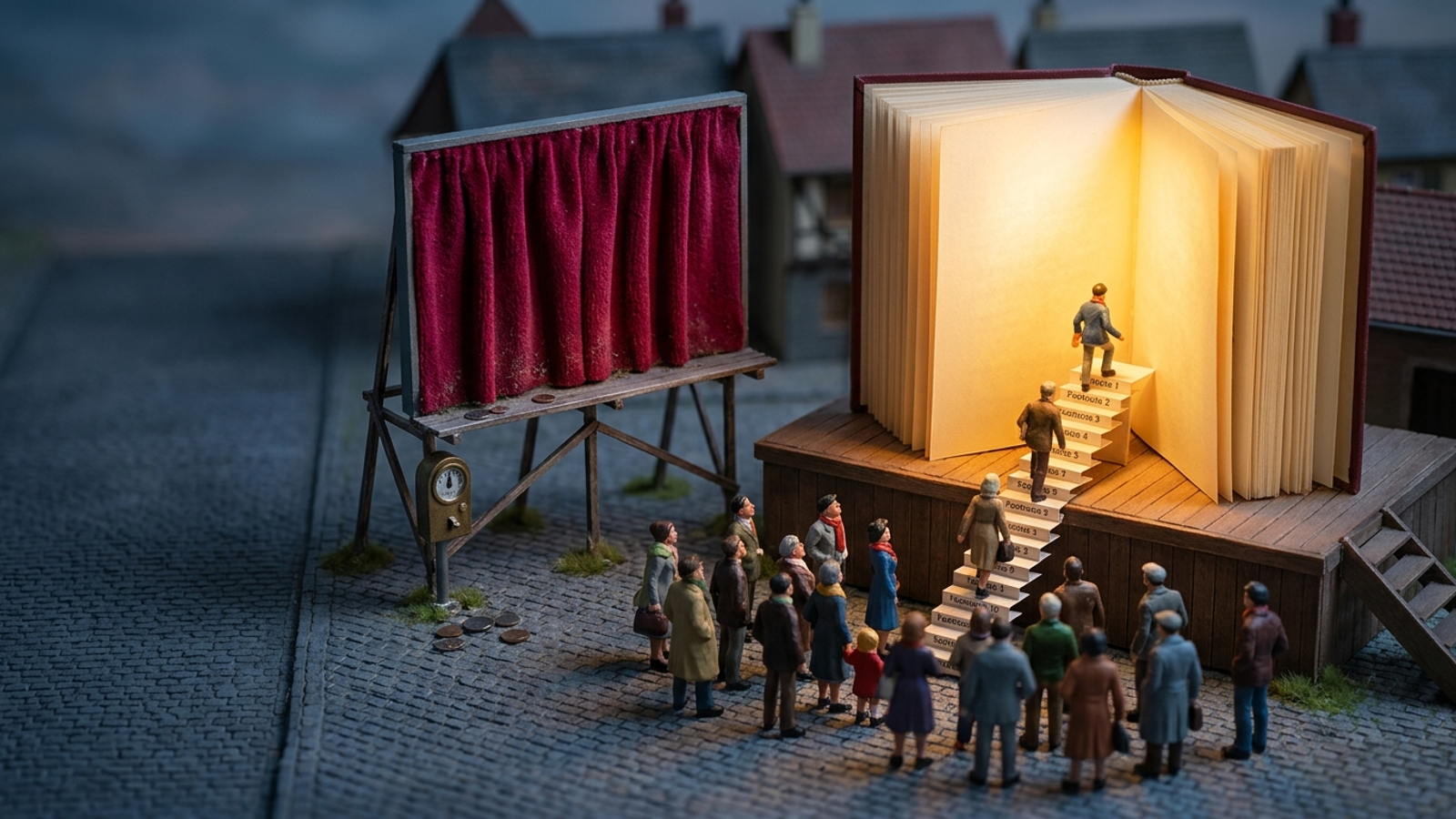 Model town square where tiny people climb footnote steps into a glowing giant book, ignoring a paid billboard hidden behind a closed curtain.