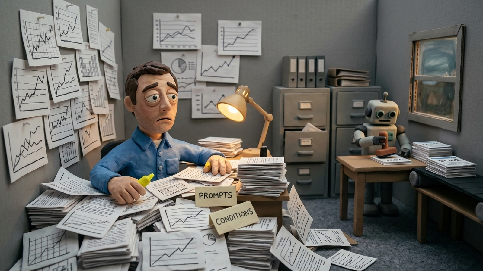 Claymation office worker buried under paper charts while a tiny robot publishes pages in the background