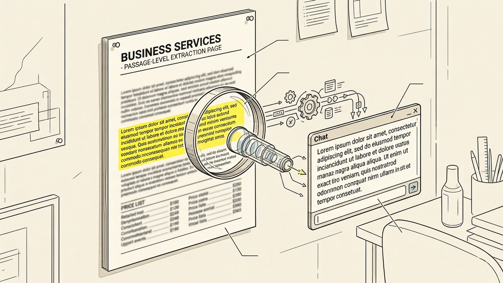 Cutaway diagram showing an AI answer pulling a highlighted paragraph from a business page