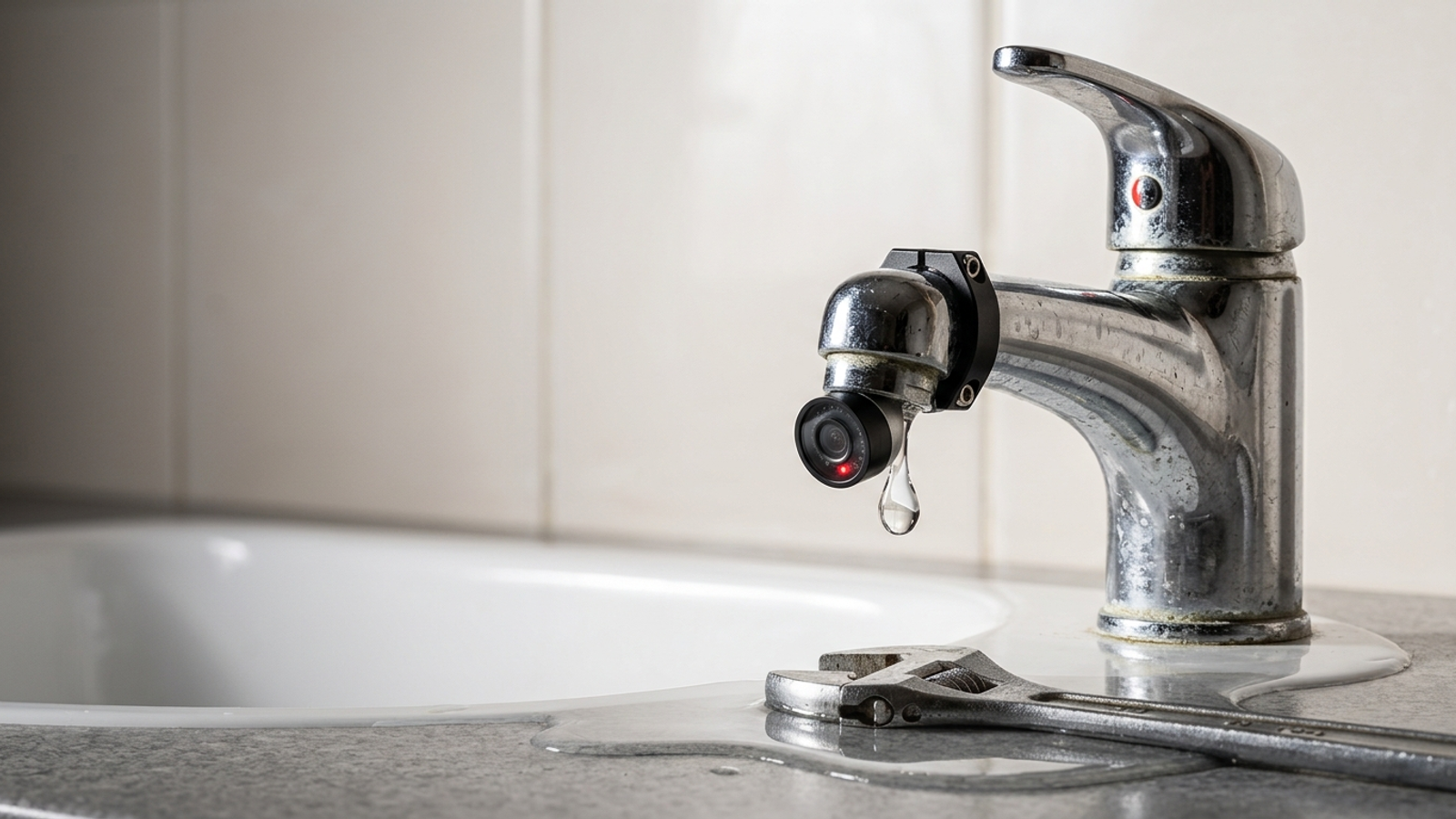 A security camera clamped to a dripping tap records the leak while an unused wrench lies in the puddle: watching the problem instead of fixing it.