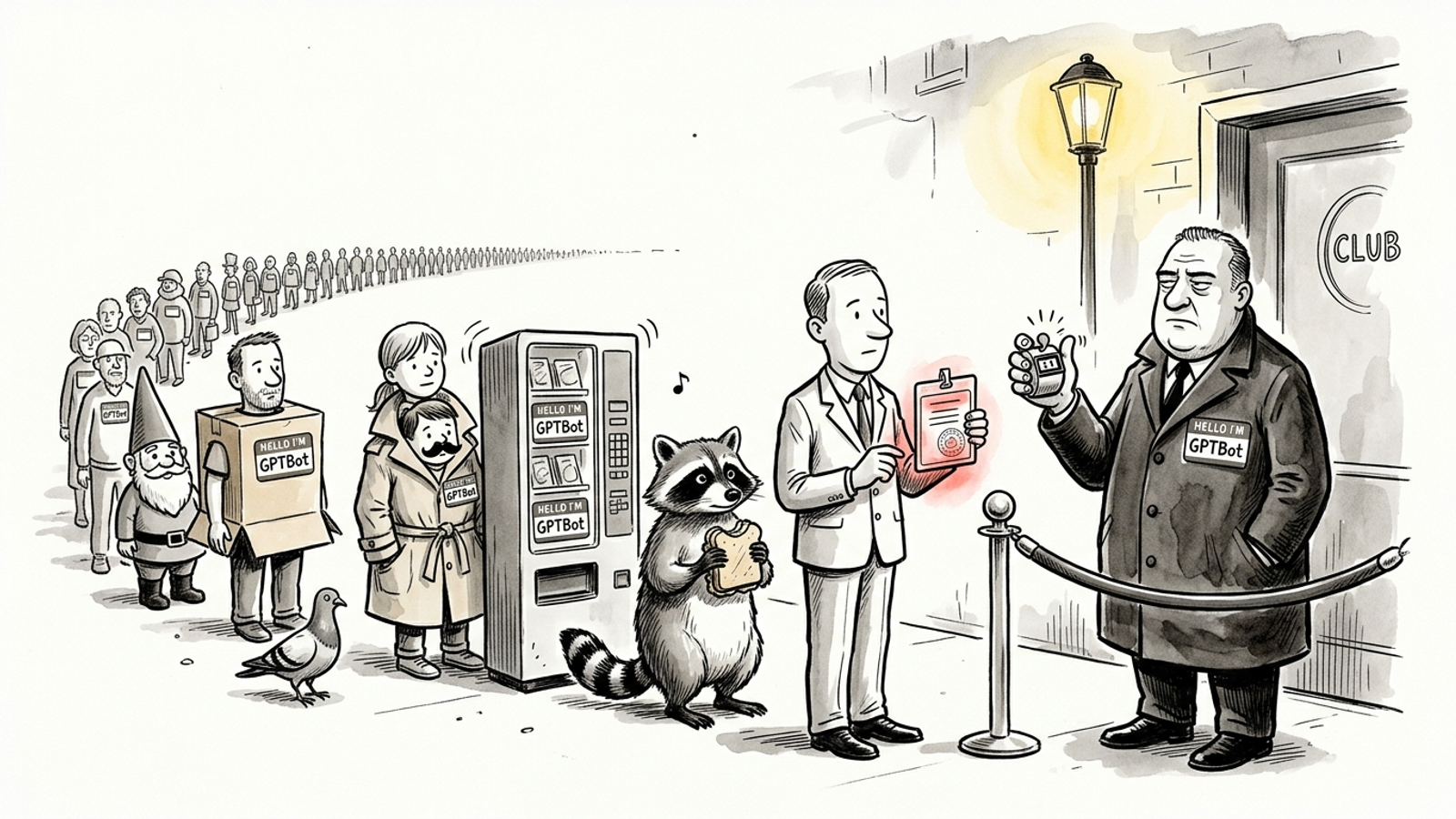Cartoon doorman clicks a tally counter at a queue of raccoons, gnomes and vending machines all wearing 'HELLO I'M GPTBot' stickers; only one has a real pass.