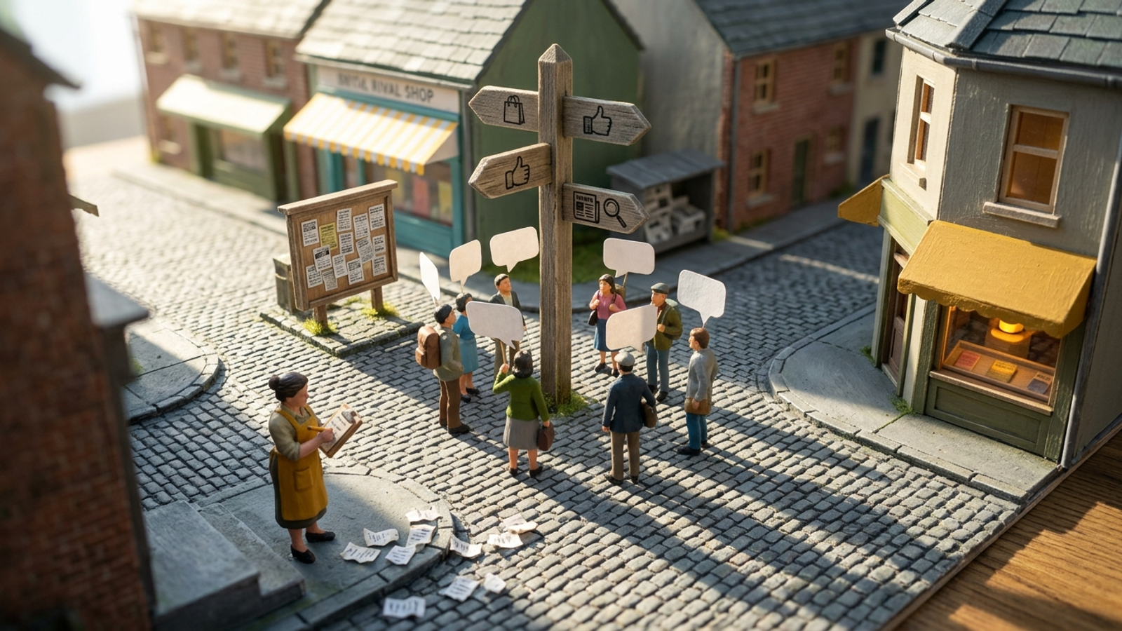 A tiny shopkeeper with a clipboard tallies travellers at a model crossroads whose signpost sends everyone to rival shops, never down her lane.