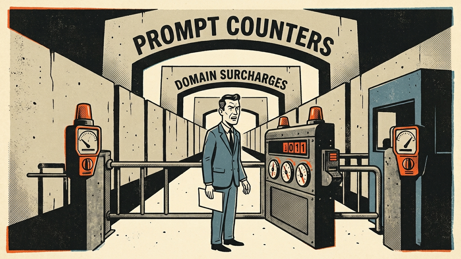An agency operator faces a maze of mechanical toll gates and meters blocking access to search data.