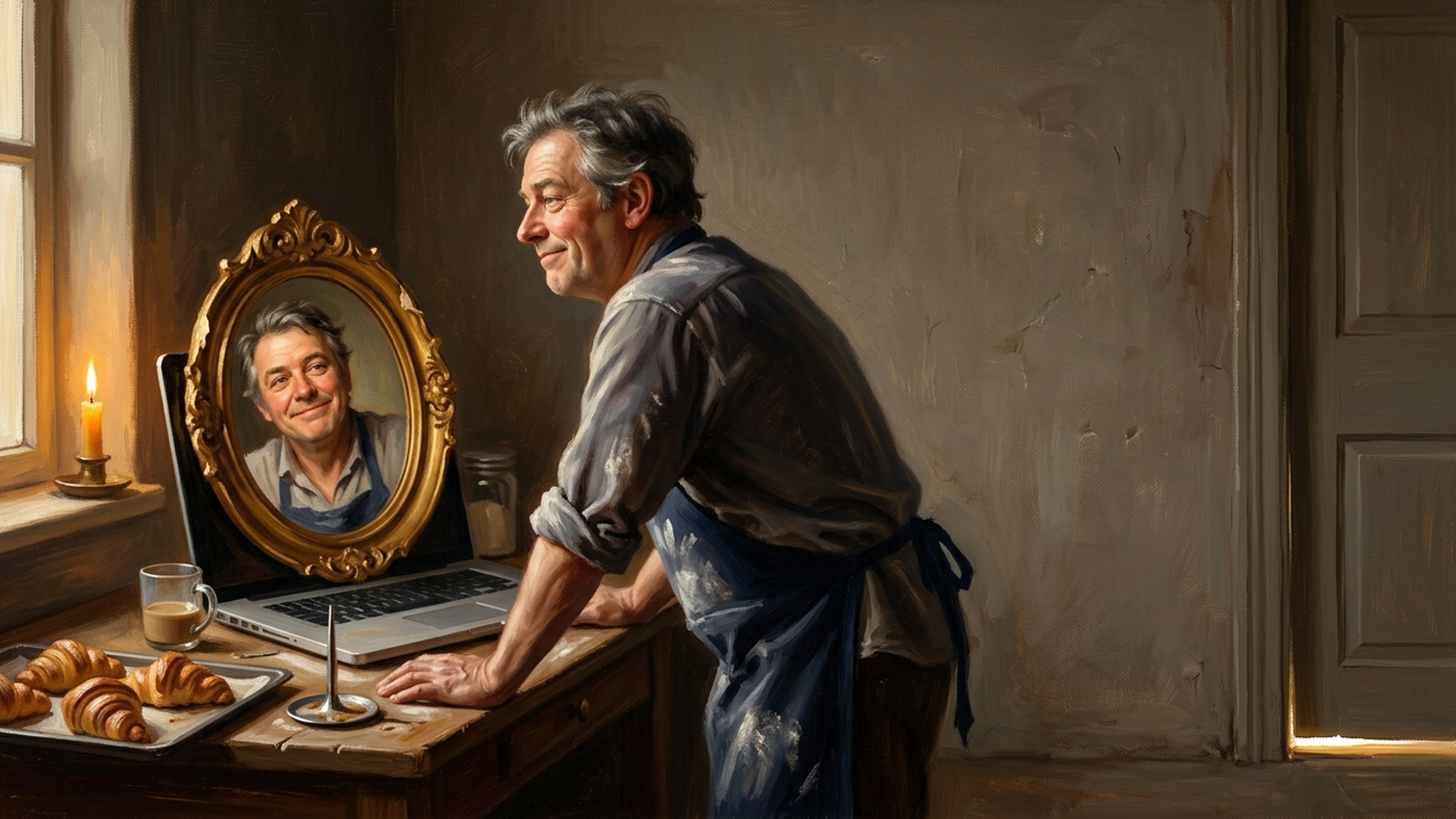 A baker smiles into a gilded mirror set in his laptop, which reflects only his own face, mocking asking AI about your own brand.