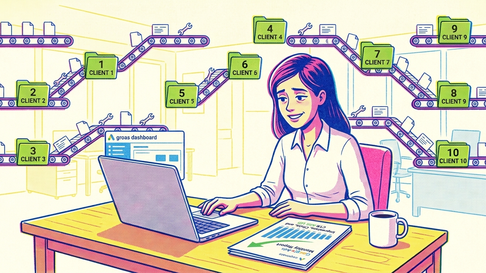 Account manager forwarding a branded report while execution runs behind it