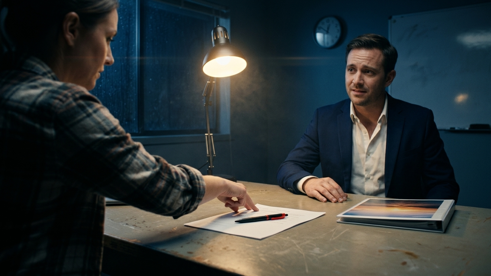A business owner slides a single sheet and pen across a table to an agency rep, whose smile stalls as he's asked to commit to a number in writing.