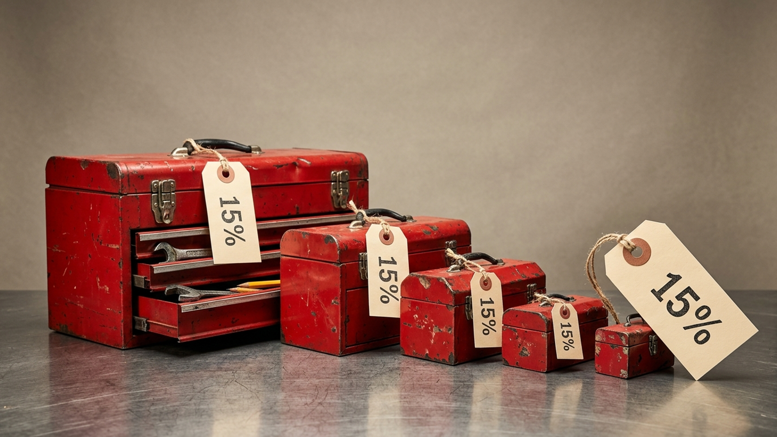 Five red toolboxes shrink from full size to thimble-sized, yet each carries the same big "15%" price tag: less work, same fee.