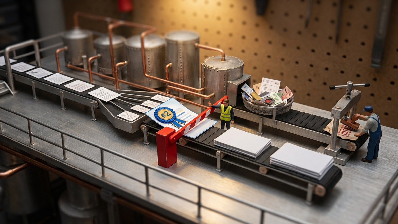 A tiny model factory line where a page wearing a '#2' rosette is stopped at a red gate while a scruffy forum page rolls on to get stamped 'CITED'.