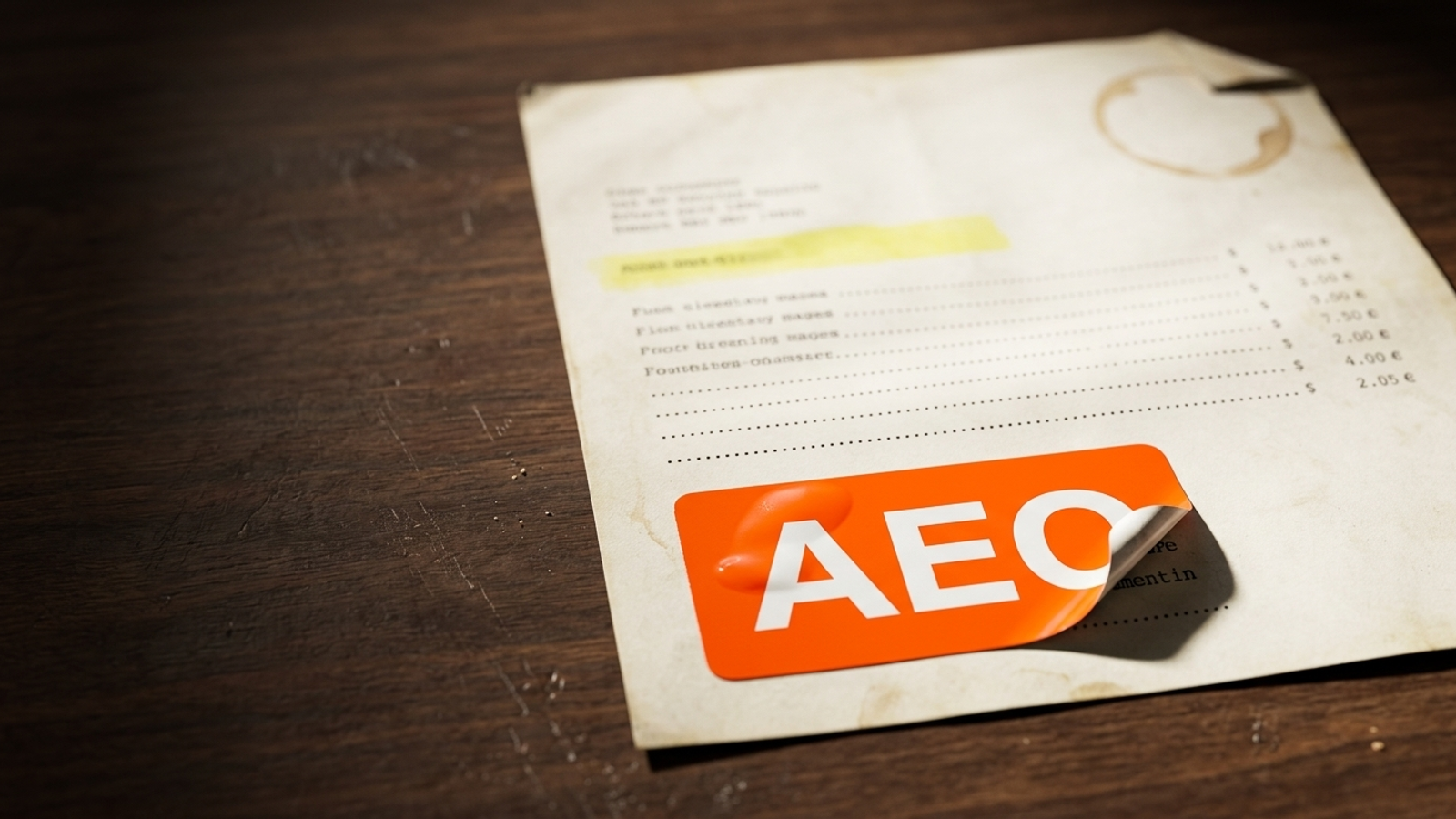 An old, coffee-stained SEO price sheet with a shiny new 'AEO' sticker slapped crookedly over one line, its corner peeling to reveal the same old item beneath.