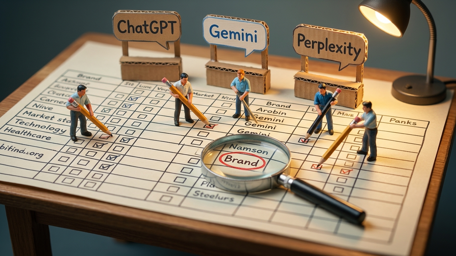 Tiny analysts tallying AI brand mentions on a giant spreadsheet grid