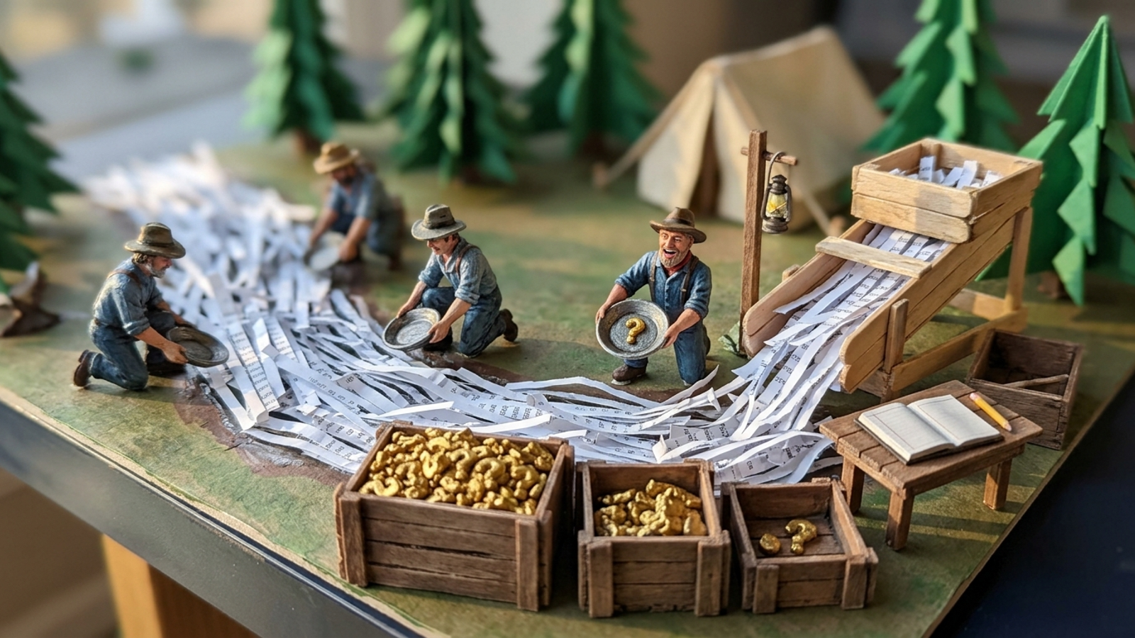 Tiny prospectors pan a stream of shredded receipts for gold question-mark nuggets and sort them into ranked crates, buyer questions mined from your own data.