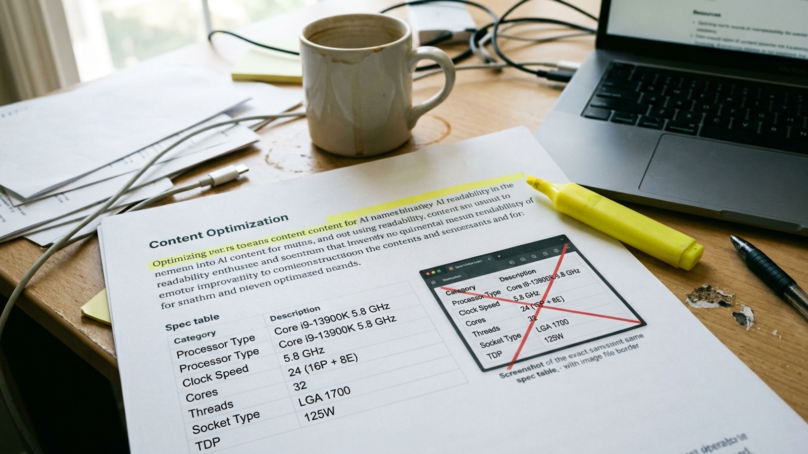 Printed answer page with its first paragraph and spec table highlighted