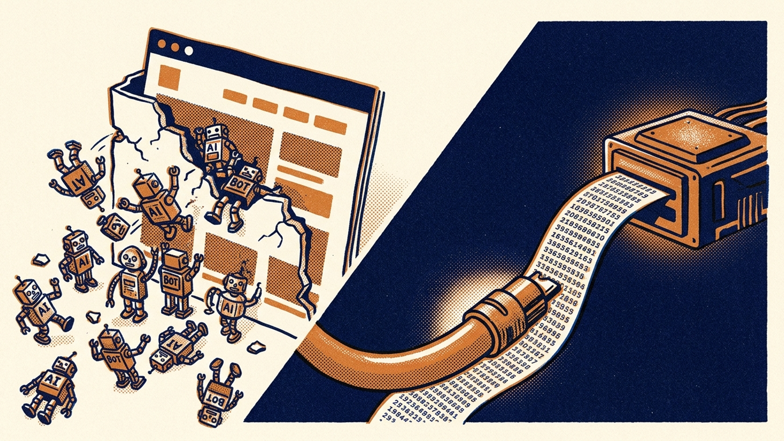 Hollow bot figures approach a site facade while a verified data stream reaches an answer engine.