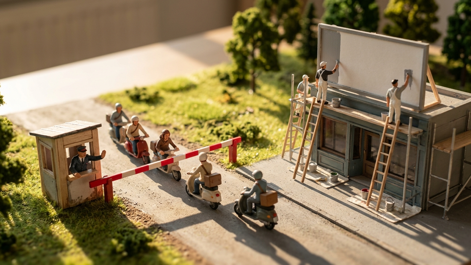 Tiny diorama: couriers stopped at a closed boom gate while painters beyond it polish a billboard nobody can reach—rewriting copy behind a locked gate.