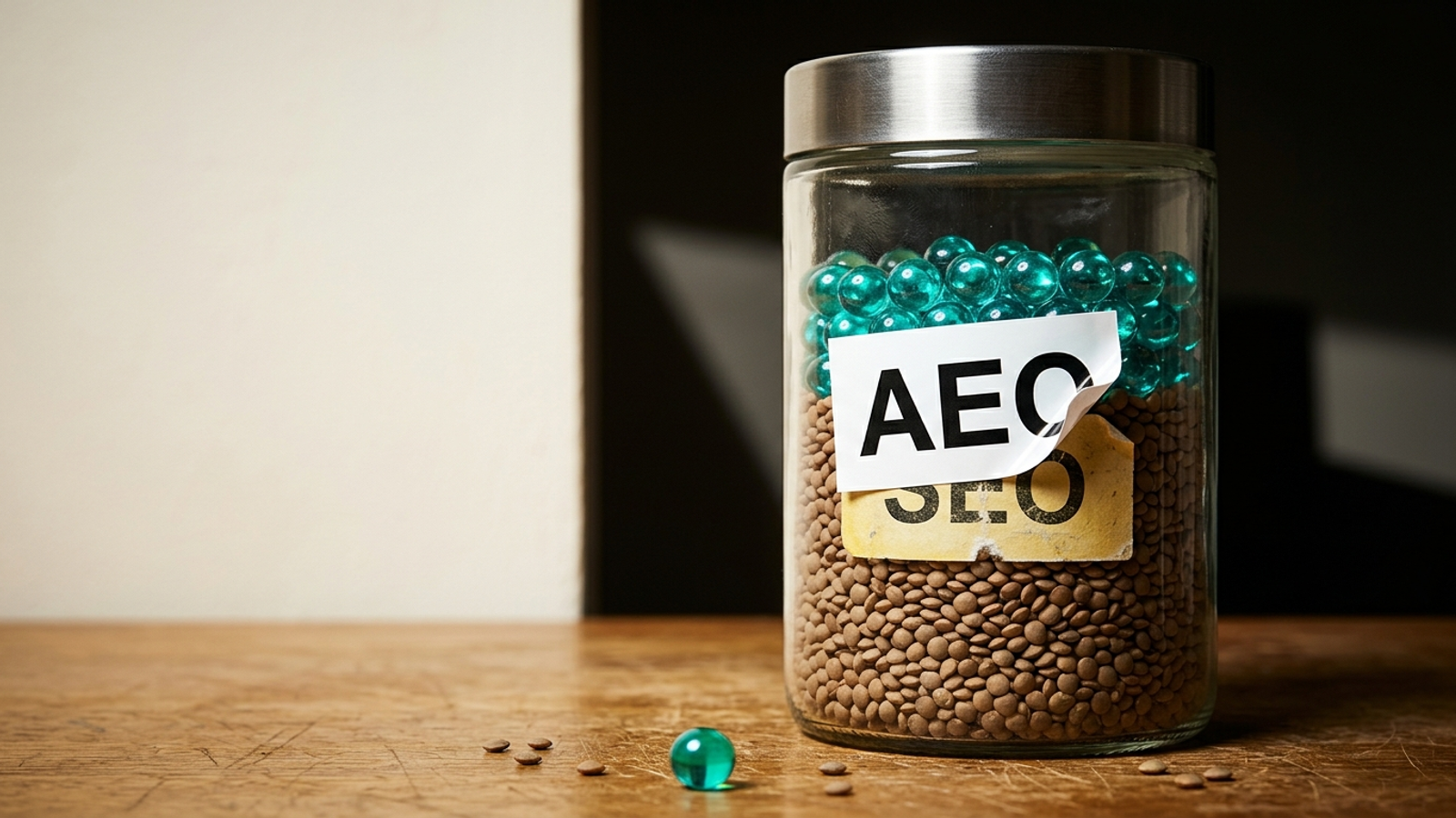 A jar relabelled 'AEO' over an old 'SEO' label, mostly the same lentils inside with only the top 30% a new teal layer: mostly the same, partly new.