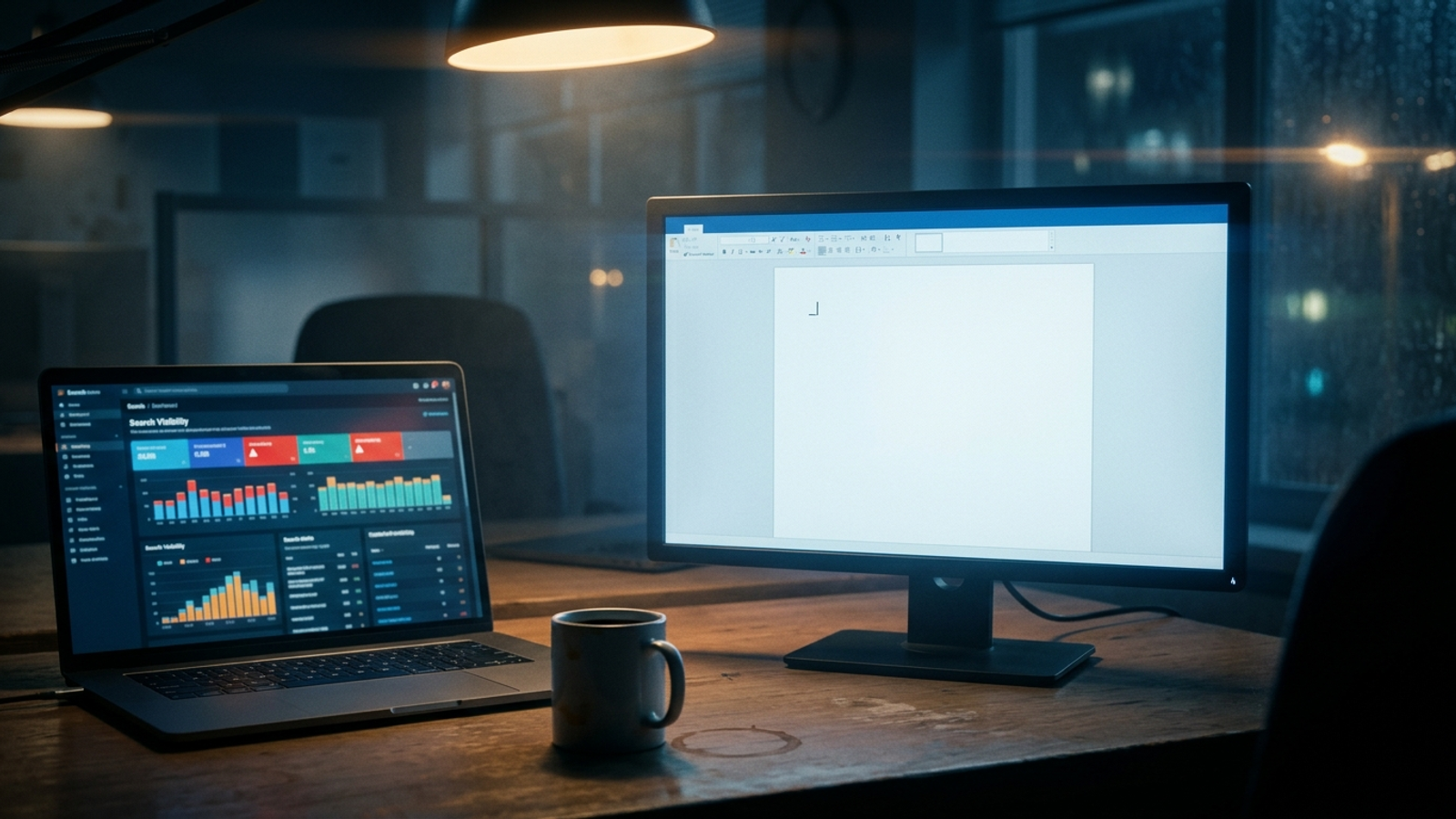 A glowing analytics dashboard beside an untouched text editor.