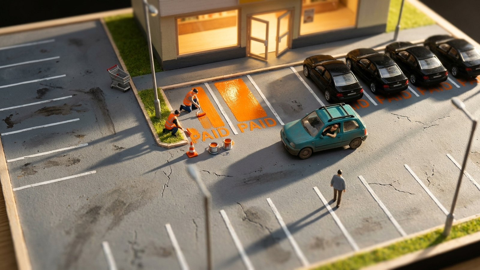Model parking lot where workers paint 'PAID' on every bay near a shop door while one small car grabs the last free spot, as paid ads crowd out free citations.