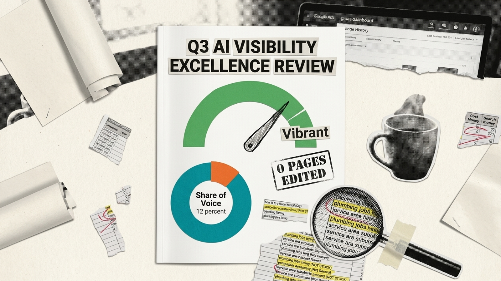 Fake Q3 AI visibility report cover showing vibrant sentiment and zero citations