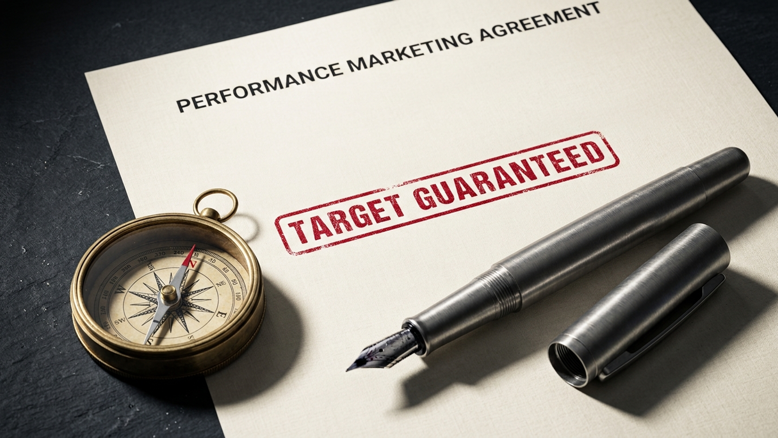 A performance marketing contract stamped approved beside a red fountain pen.