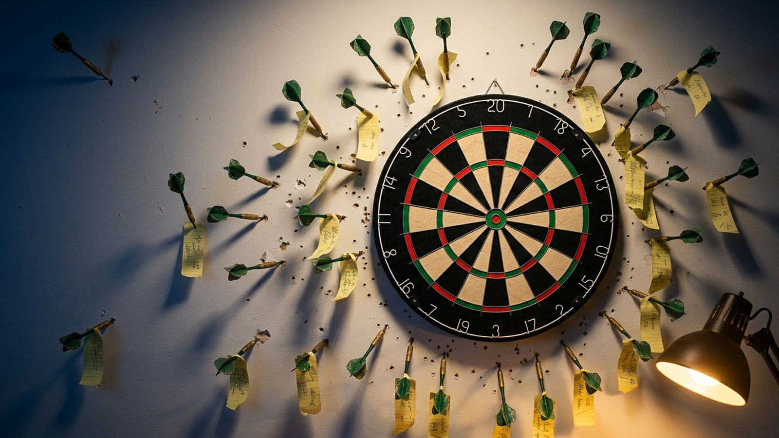 A spotless dartboard with no darts in it, while dozens of darts with scribbled notes hit the wall around it: real demand lands outside the target.