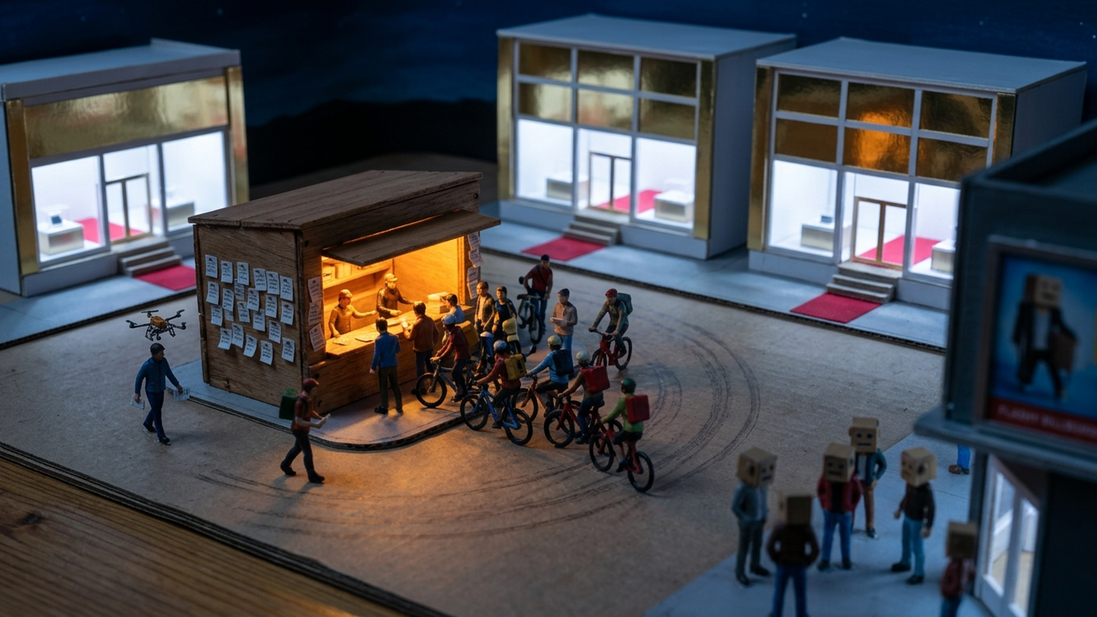 A tiny model town at night where couriers ignore glossy showrooms and queue at a humble kiosk of dated slips, the plain reference page bots actually fetch.