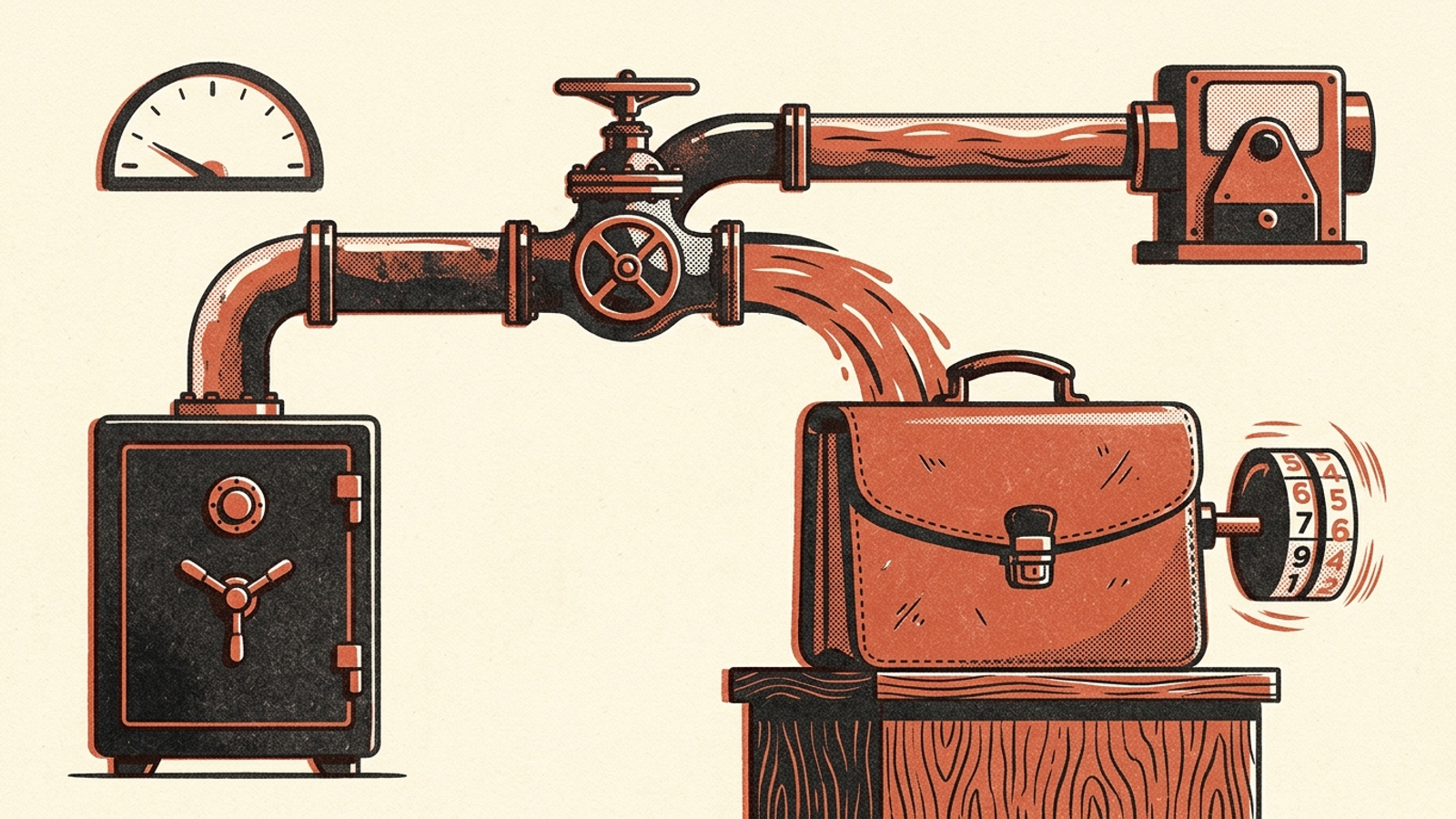 An ad budget pipeline with media funds diverted toward an agency briefcase while conversion gauges stay flat