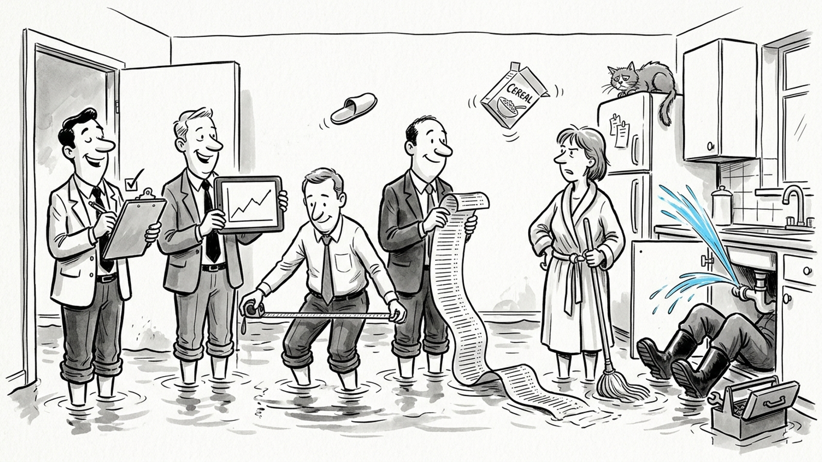 Cartoon of a flooding kitchen where four consultants measure and chart the leak while only one plumber, under the sink with a wrench, is fixing it.