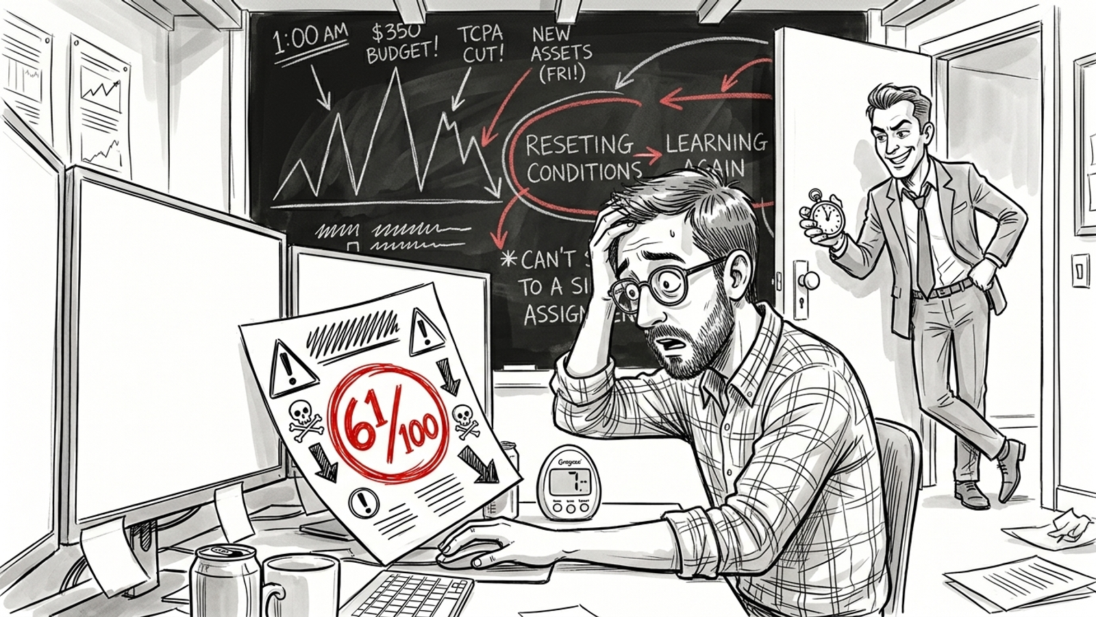 Business owner studies a Google Ads report scored 61 out of 100 while an agency salesperson watches the time.