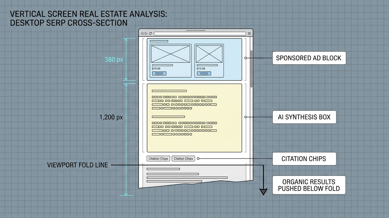 Diagram showing top ads and an AI Overview competing for vertical space with citation links