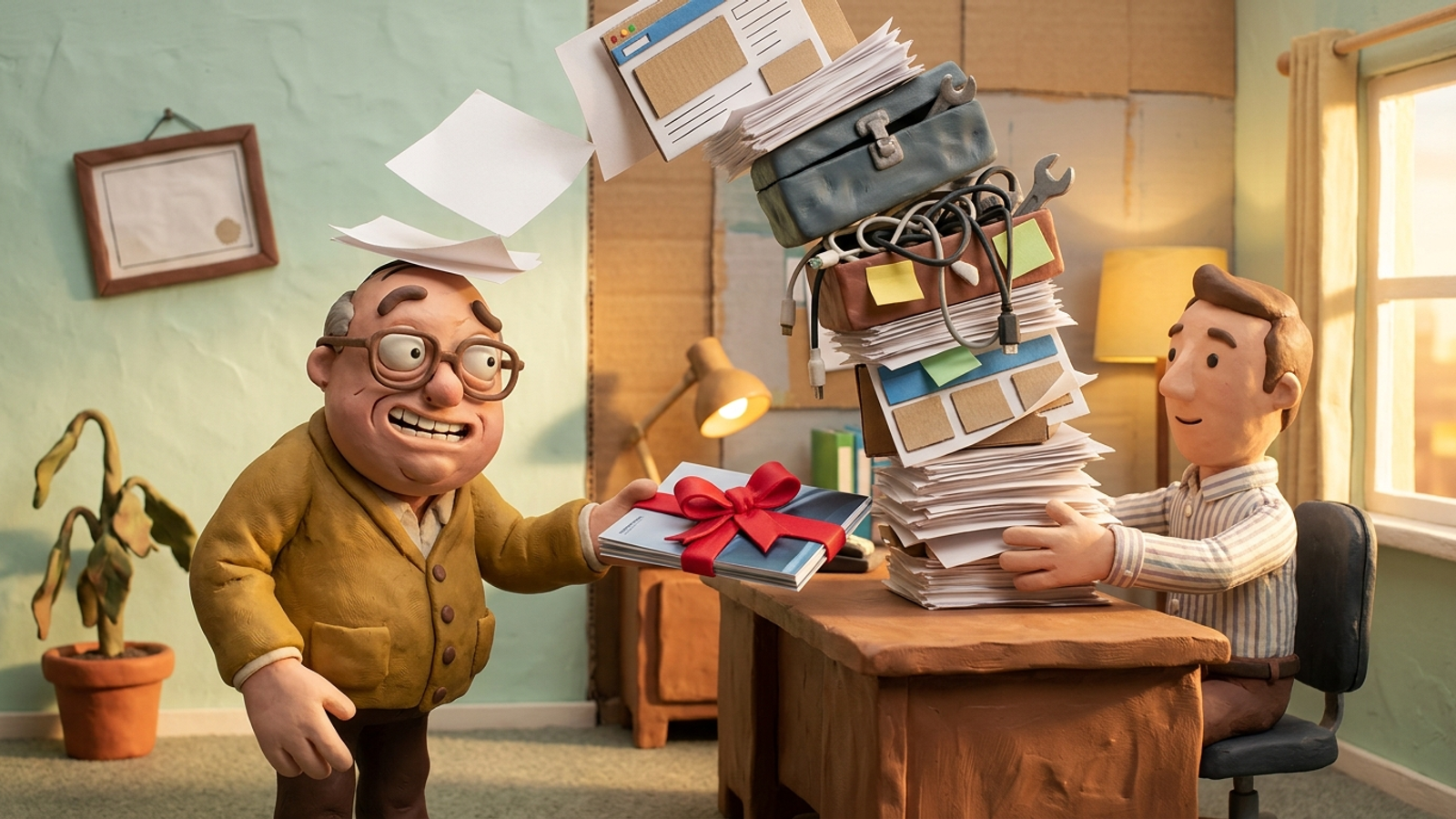 Clay agency owner proudly hands a client a glossy report while the client pushes back a toppling tower of unfinished work about to bury him.