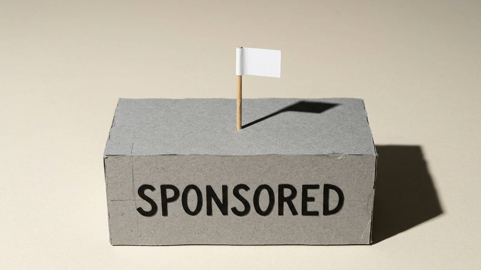 A small paper footnote flag on a large sponsored ad brick