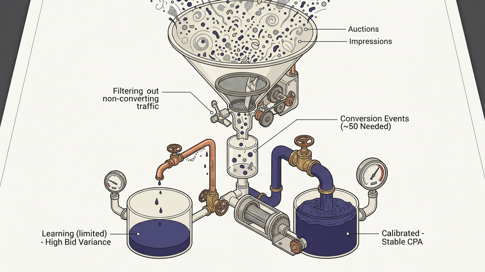 A cutaway diagram of conversion signals moving through a funnel toward an automated bidding engine.