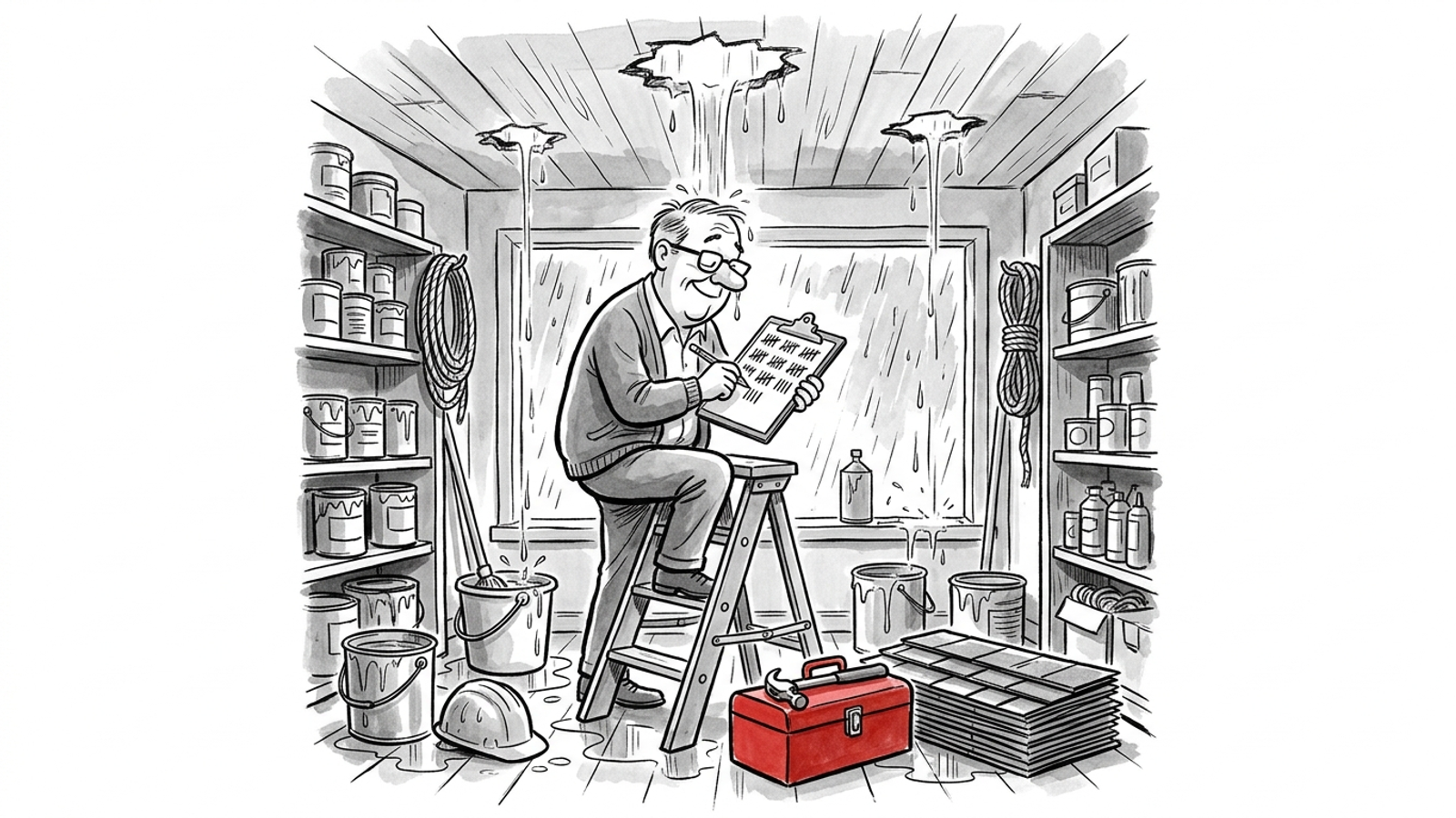 Cartoon shop owner on a ladder tallying raindrops leaking through his roof while a toolbox and new shingles sit unused at his feet.