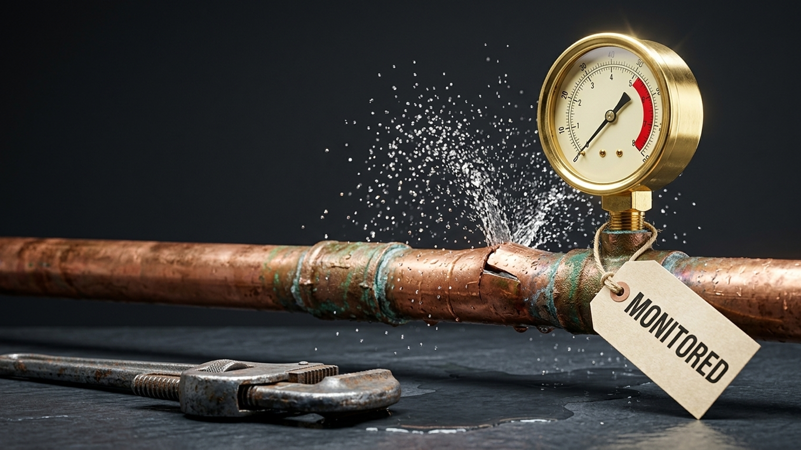 A polished brass gauge tagged "MONITORED" reads red on a burst copper pipe spraying water, while an unused wrench lies nearby.