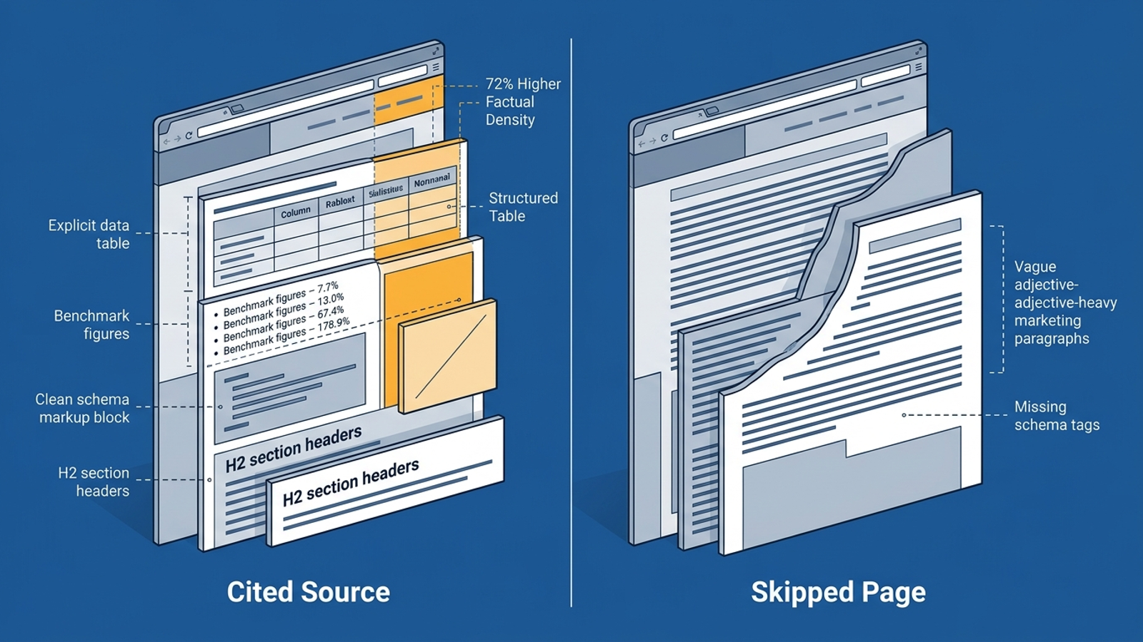 Cutaway diagram comparing an AI-cited webpage with an uncited page, highlighting tables, schema, and factual detail.