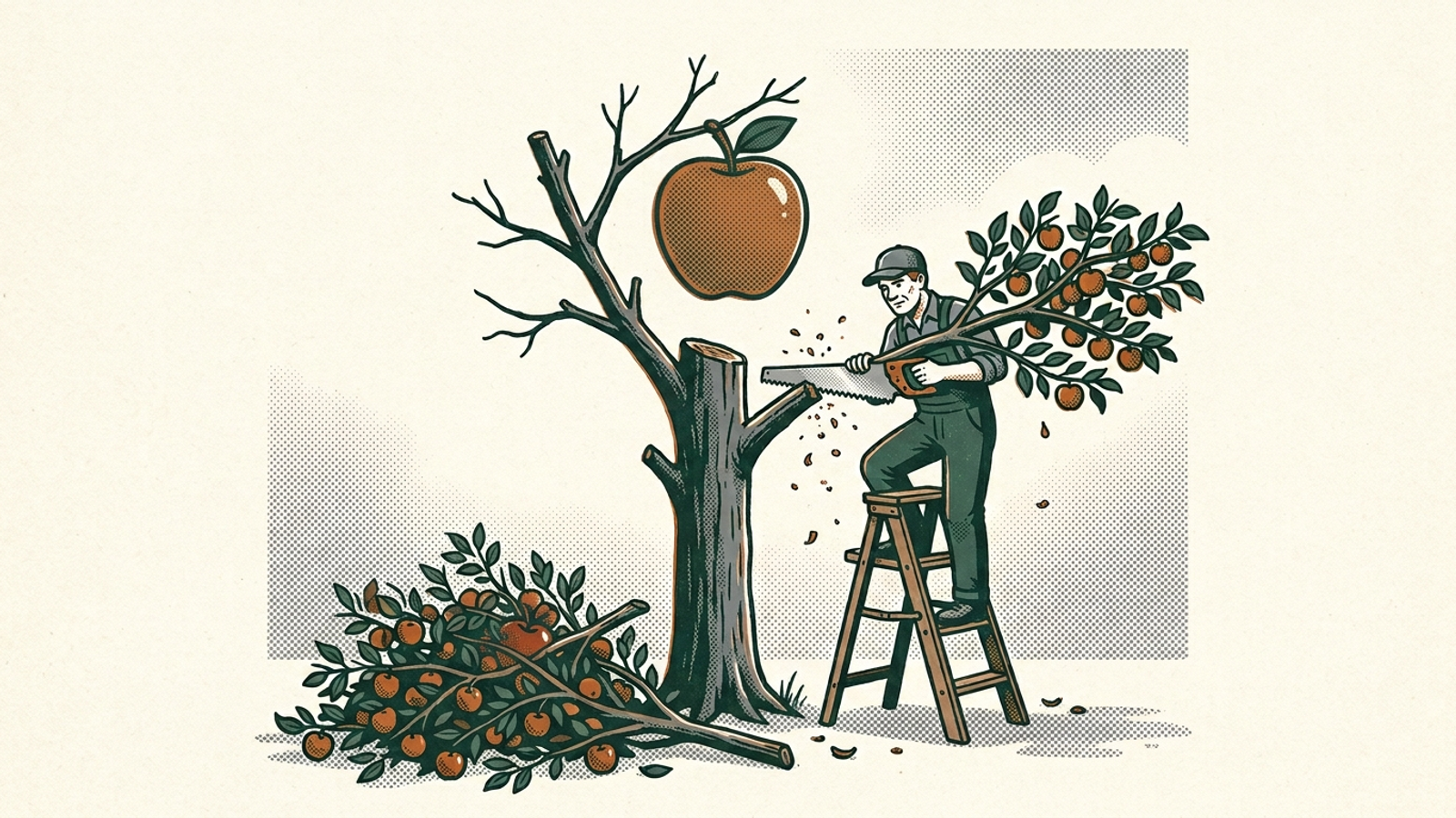 Illustration of a gardener pruning healthy branches to protect one perfect apple.