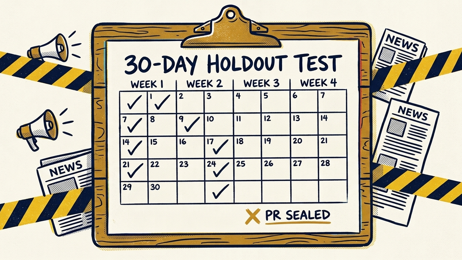 Calendar clipboard illustrating a four-week testing schedule, with test tubes and warning tape.