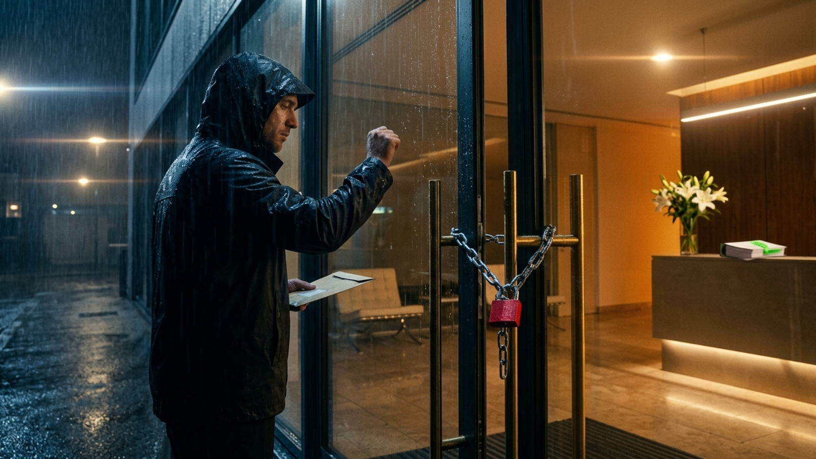 A rain-soaked courier knocks at a chained glass door of a pristine, lit office lobby—polished inside, but the visitor who matters can't get in.