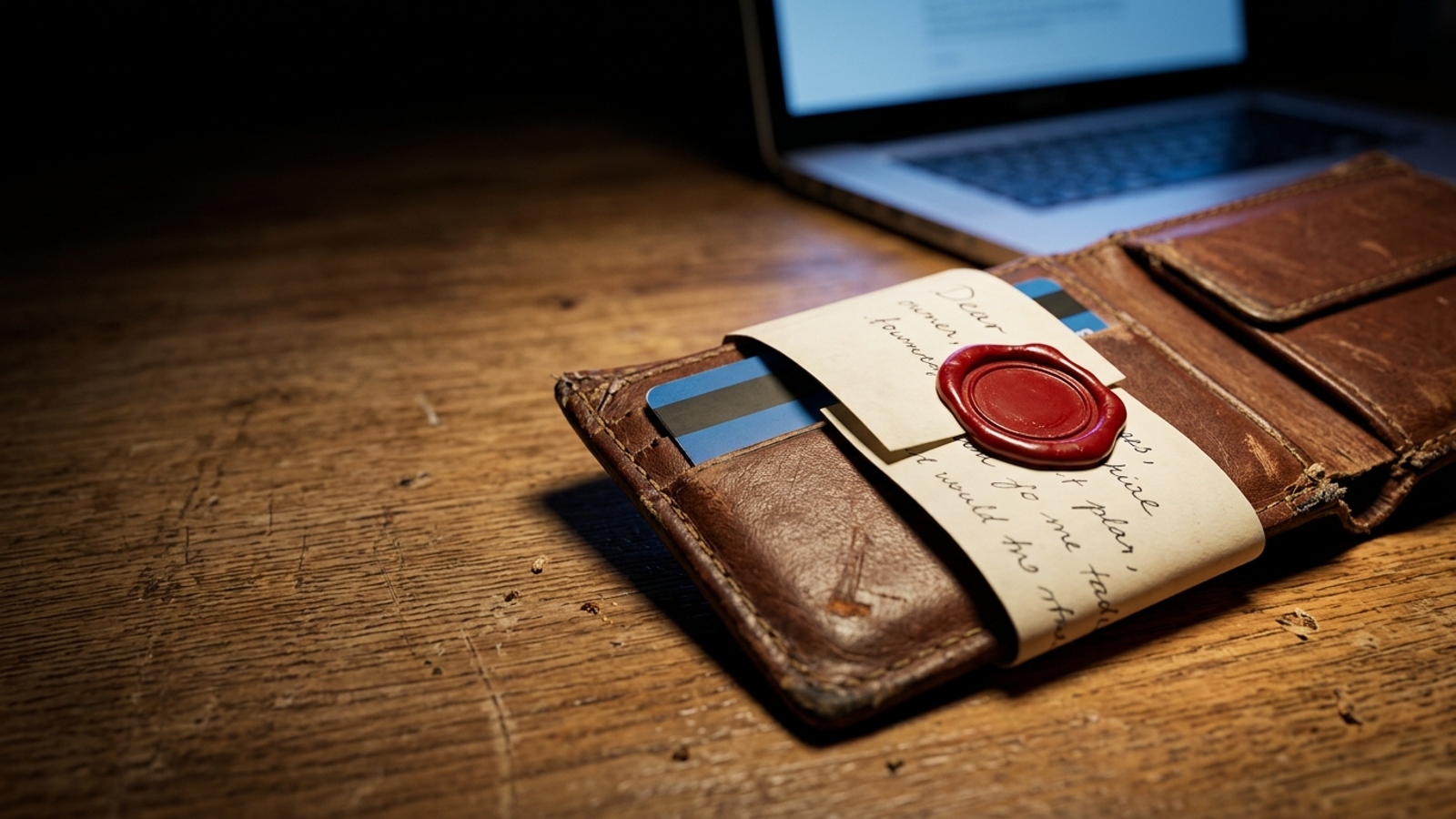 A credit card half-pulled from a leather wallet, held back by a handwritten 'Dear owner' letter sealed around it with red wax, beside a glowing laptop.