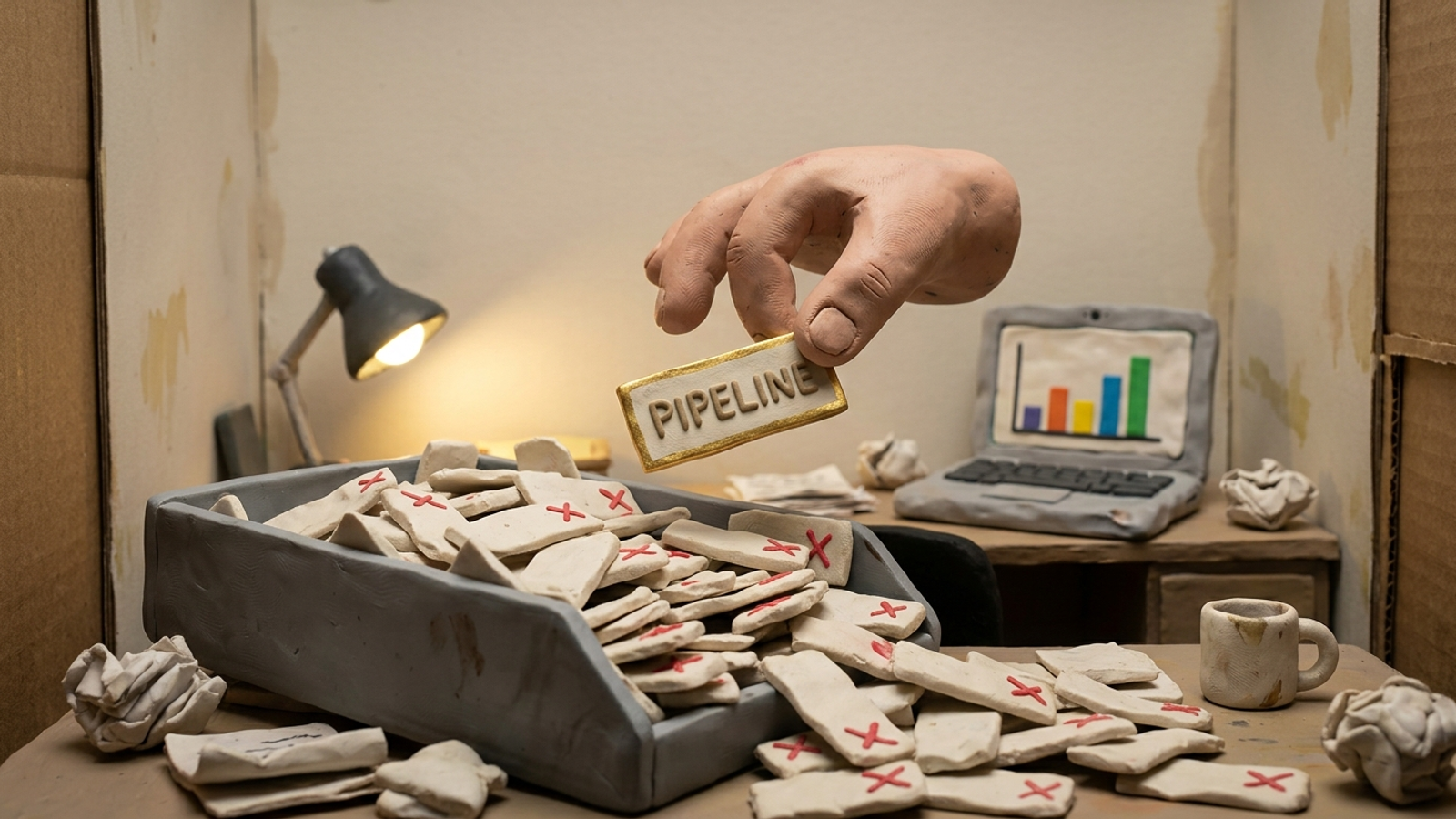 Clay inbox overflowing with junk lead slips while one gold pipeline slip is held up