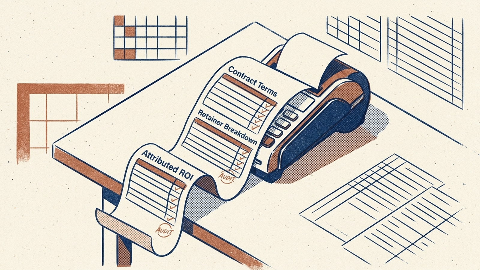 Editorial illustration of a receipt unspooling from a digital terminal, with pricing prompts and contract terms highlighted