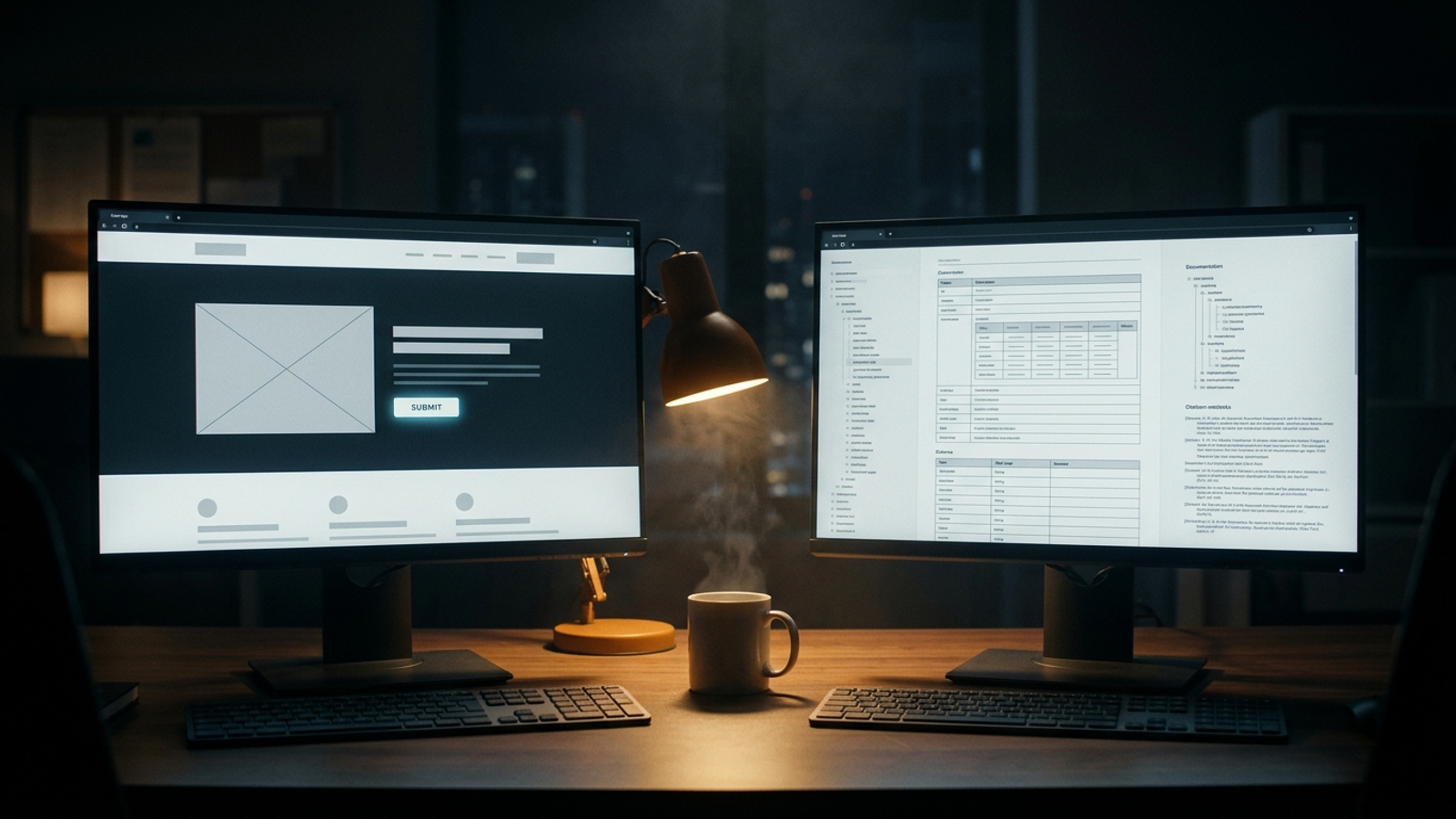 Two monitors showing a focused landing page and a separate page of citation material.