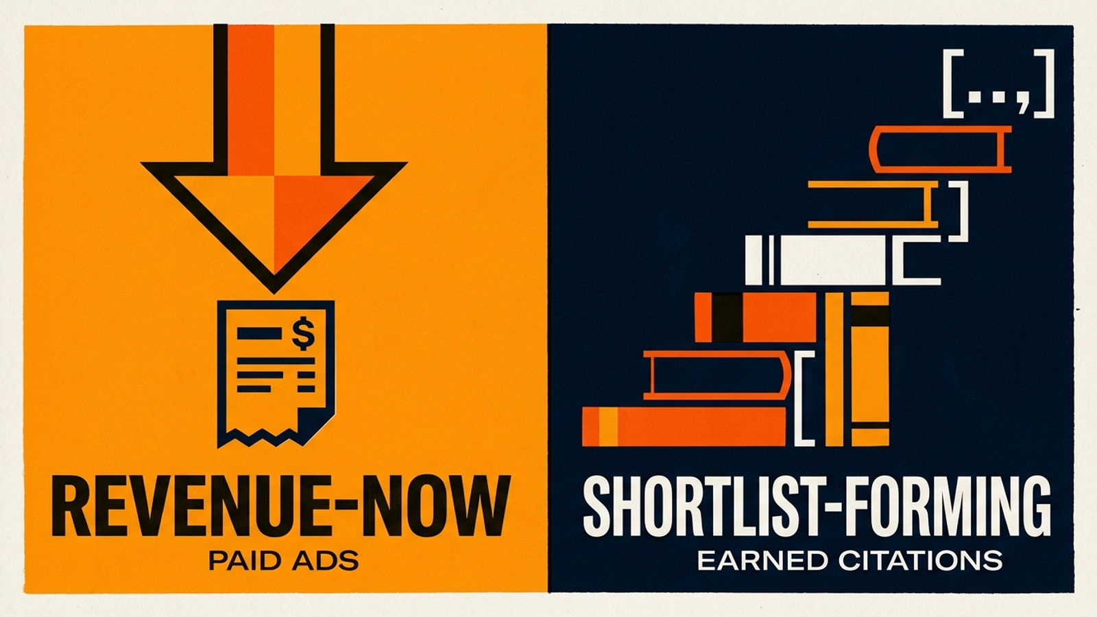 Graphic dividing revenue-now queries for paid ads from shortlist-forming questions for earned citations.