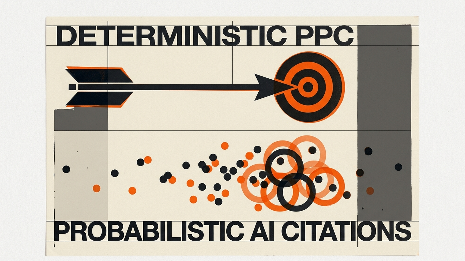 One fixed PPC arrow hits a bullseye beside a shifting cloud of AI search results.