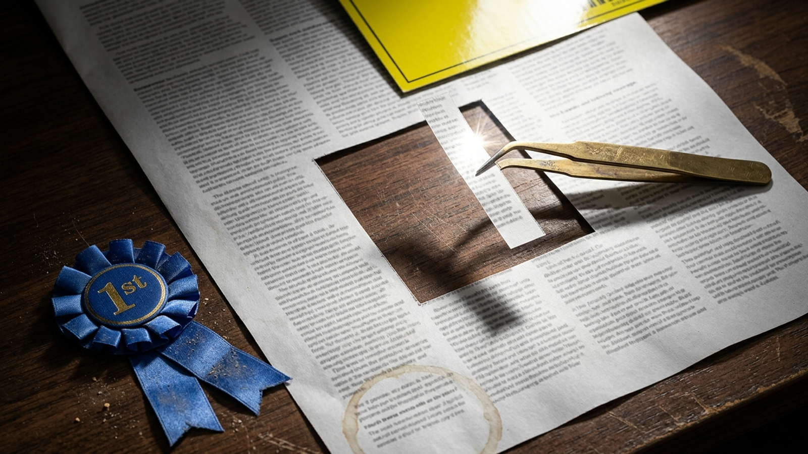 Tweezers lift one cut-out sentence from a printed page while a first-place ribbon lies ignored: being quotable now matters more than ranking.
